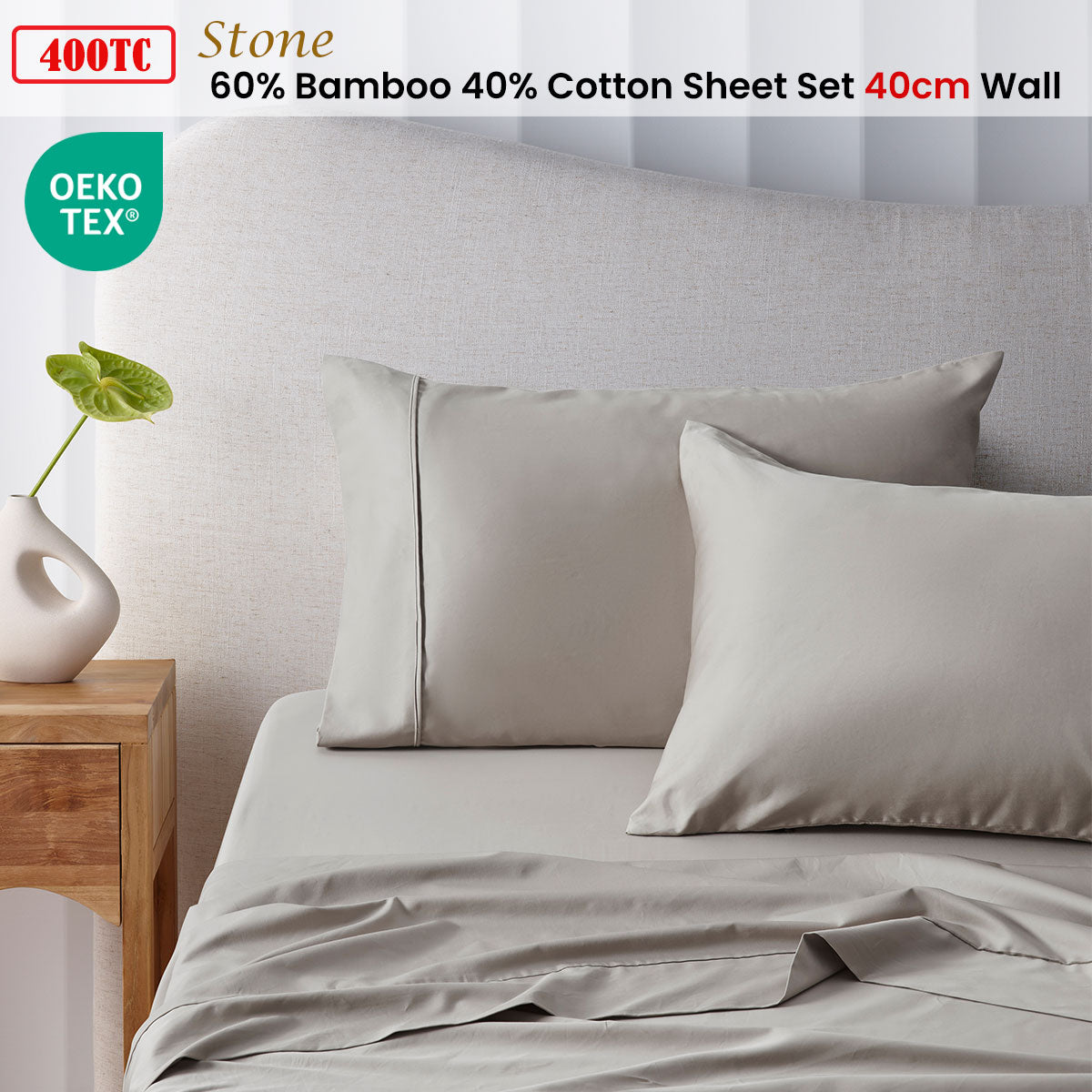 Accessorize 400TC Stone Bamboo Cotton Sheet Set 40cm Wall SingleSpiritual Warfare