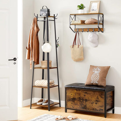 VASAGLE Coat Rack Stand with 3 Shelves Rustic Brown and Black