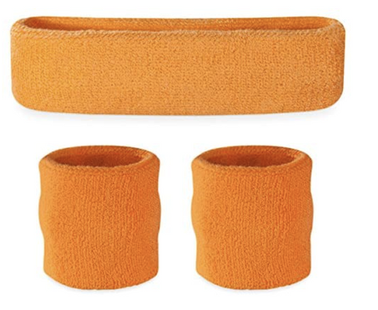 WRISTBAND & HEADBAND SET Tennis Terry Towelling Cotton Sweat Band Team Gym  - Orange