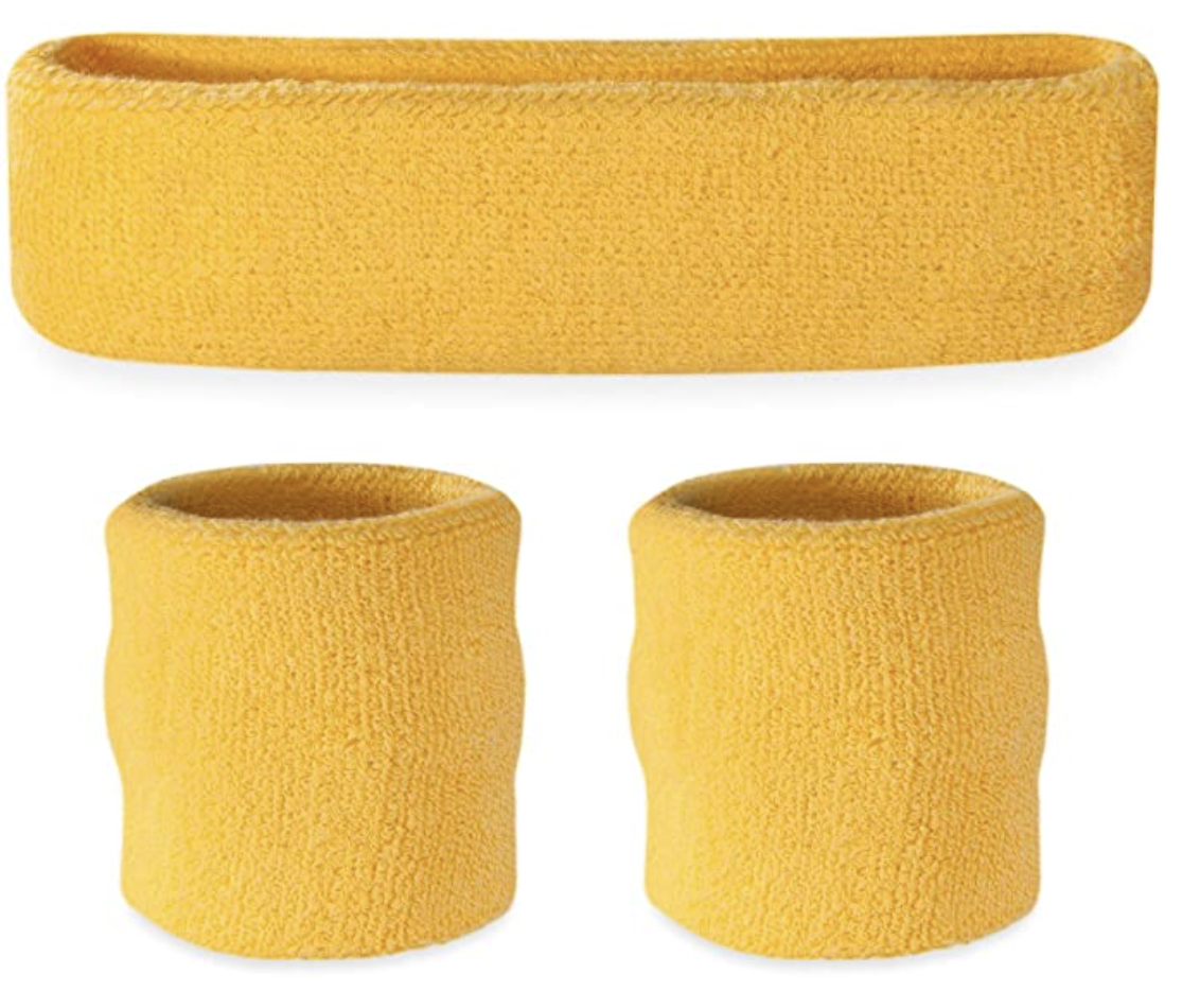 WRISTBAND & HEADBAND SET Tennis Terry Towelling Cotton Sweat Band Team Gym  - Yellow