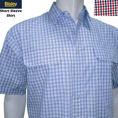 Bisley Mens Short Sleeve Check Shirt Checkered 100% Cotton Casual Business Work - Red - L