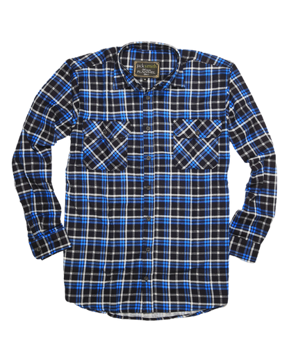 Mens Flannelette Long Sleeve Shirt 100% Cotton Check Authentic Flannel - Full Placket - Turquoise/Black - L