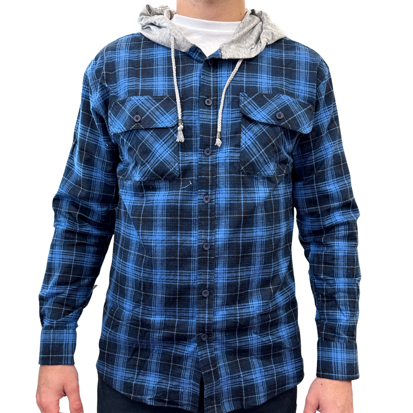 Mens Cotton Flannelette Shirt w Jersey Hood Long Sleeve Flannel - Blue - 2XL