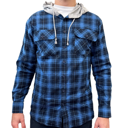 Mens Cotton Flannelette Shirt w Jersey Hood Long Sleeve Flannel - Blue - 3XL