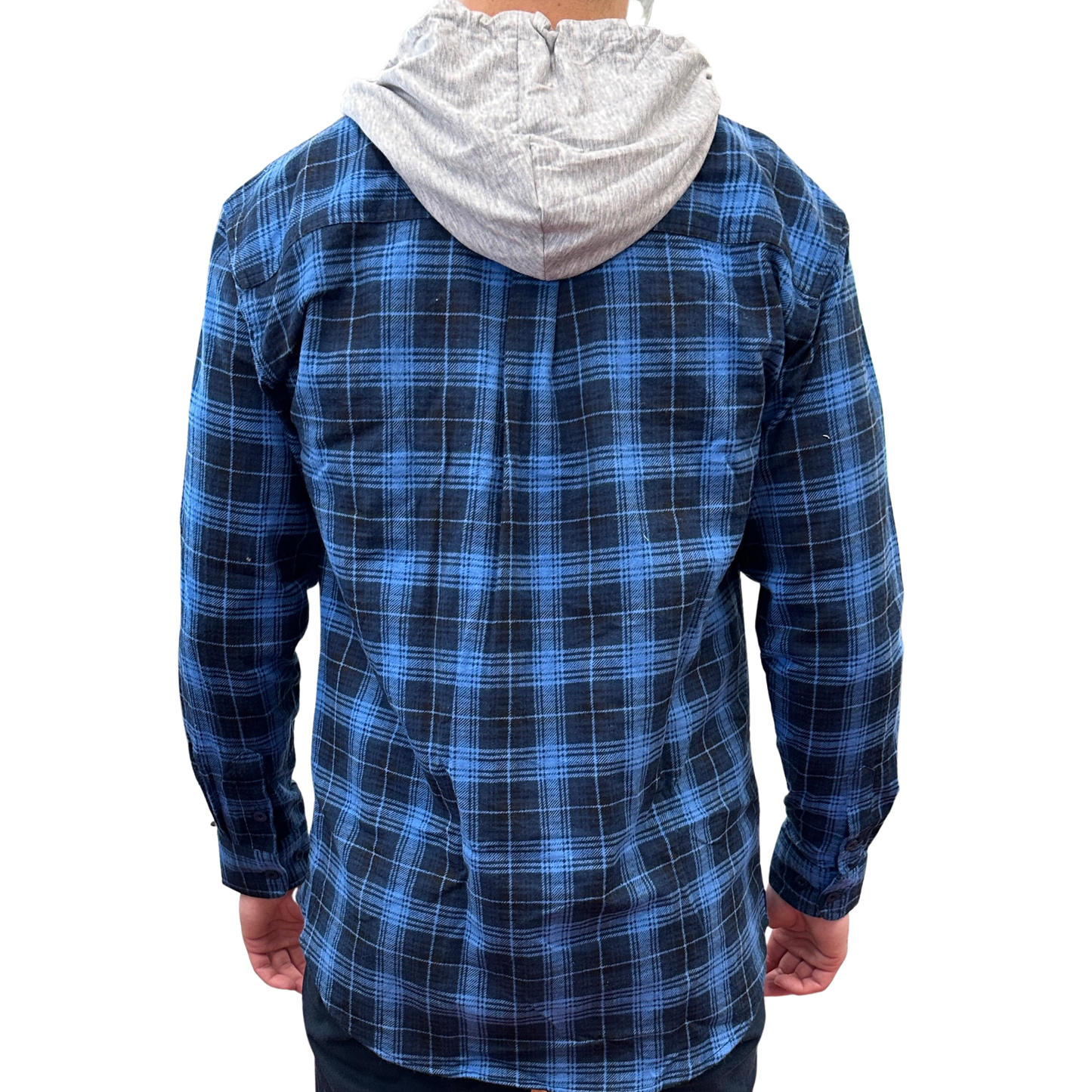 Mens Cotton Flannelette Shirt w Jersey Hood Long Sleeve Flannel - Blue - 3XL