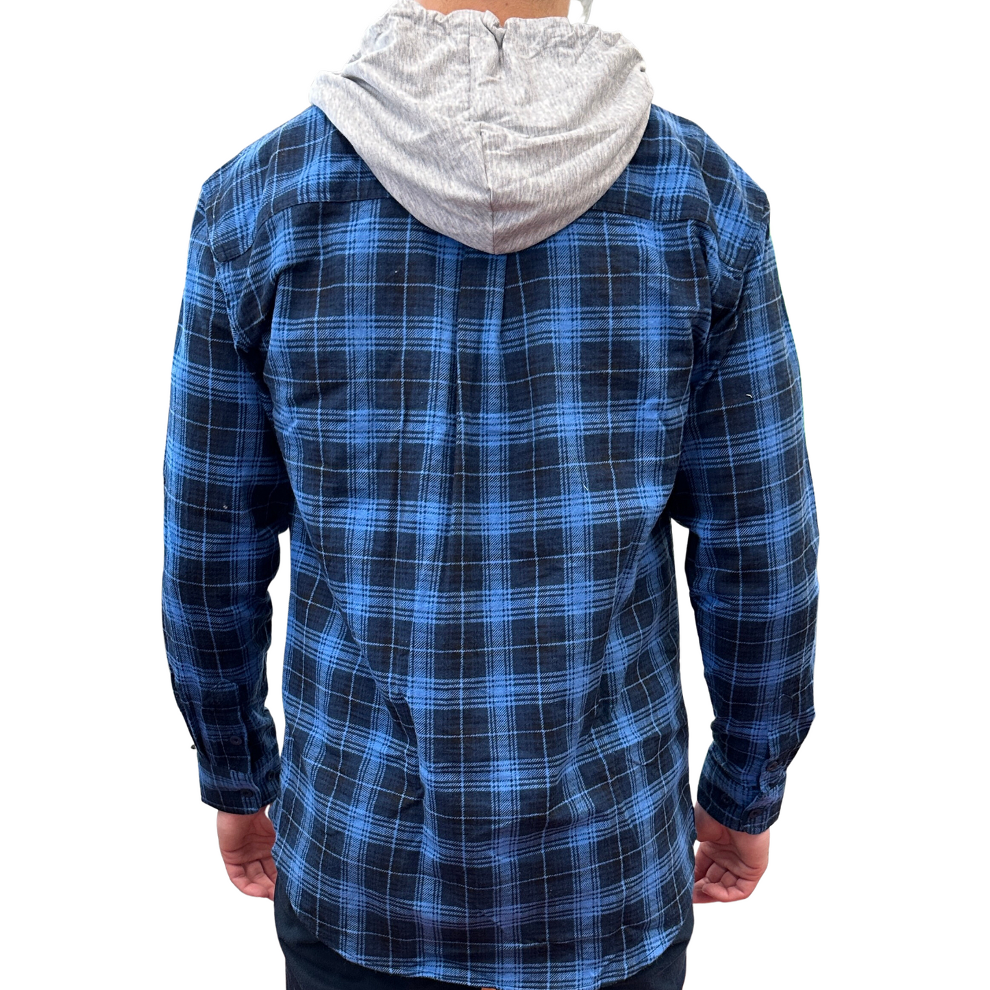 Mens Cotton Flannelette Shirt w Jersey Hood Long Sleeve Flannel - Blue - L