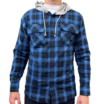 Mens Cotton Flannelette Shirt w Jersey Hood Long Sleeve Flannel - Blue - M