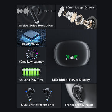 BlitzWolf® BW-ANC6 TWS bluetooth V5.2 Earphone Active Noise Reduction LED Power Display Low Latency Dual ENC Mic Wireless Earbuds Headphone