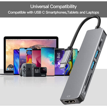 Bakeey 6-in-1 USB-C Hub Adapter HDMI 4K@30Hz USB3.0 USB-C  Docking Station 100W PD Charging SD Reader Witch Splitter for Apple Huawei Laptops Macbook